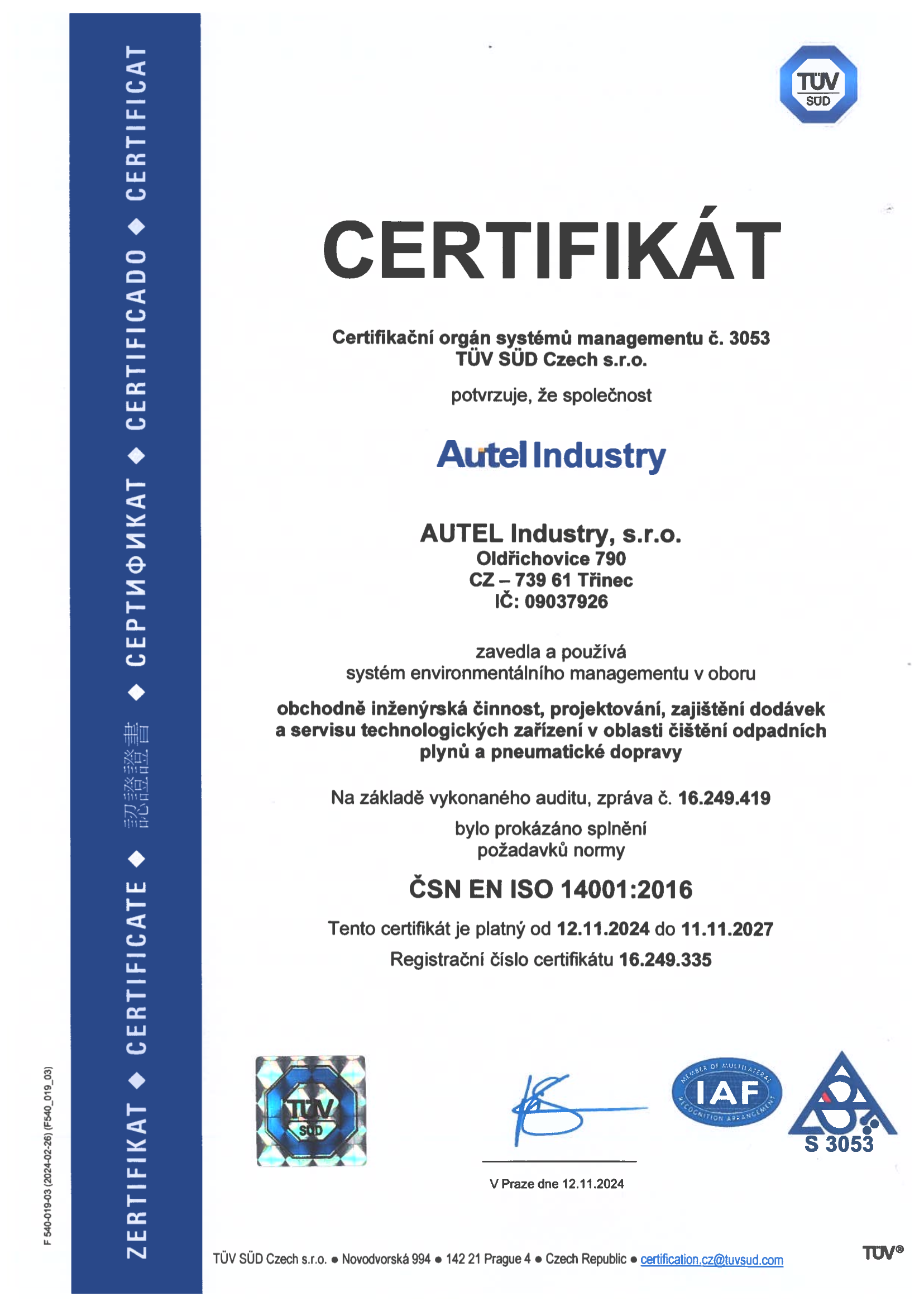 ISO 14001:2016 Certifikát