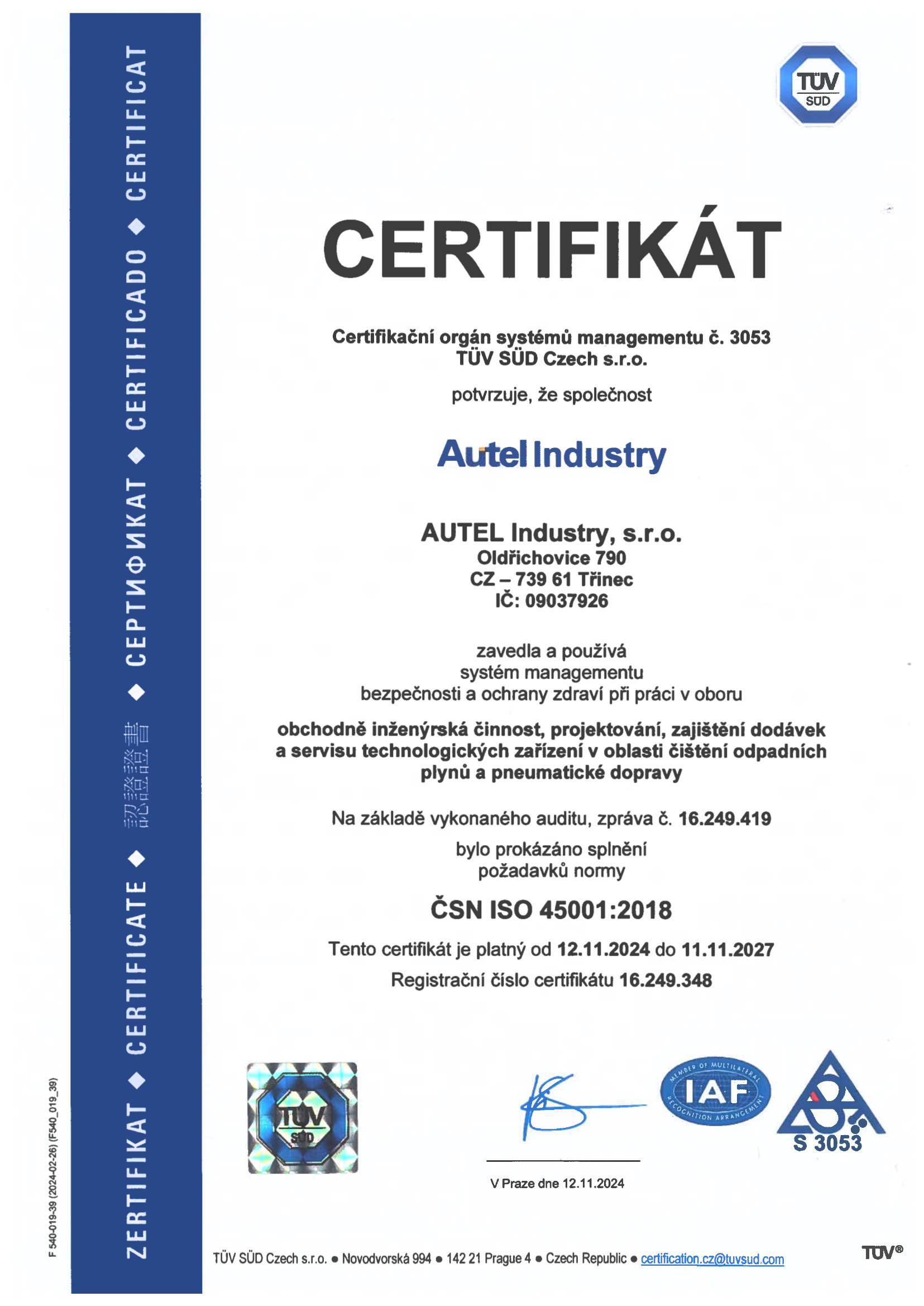 ISO 45001:2018 Certifikát
