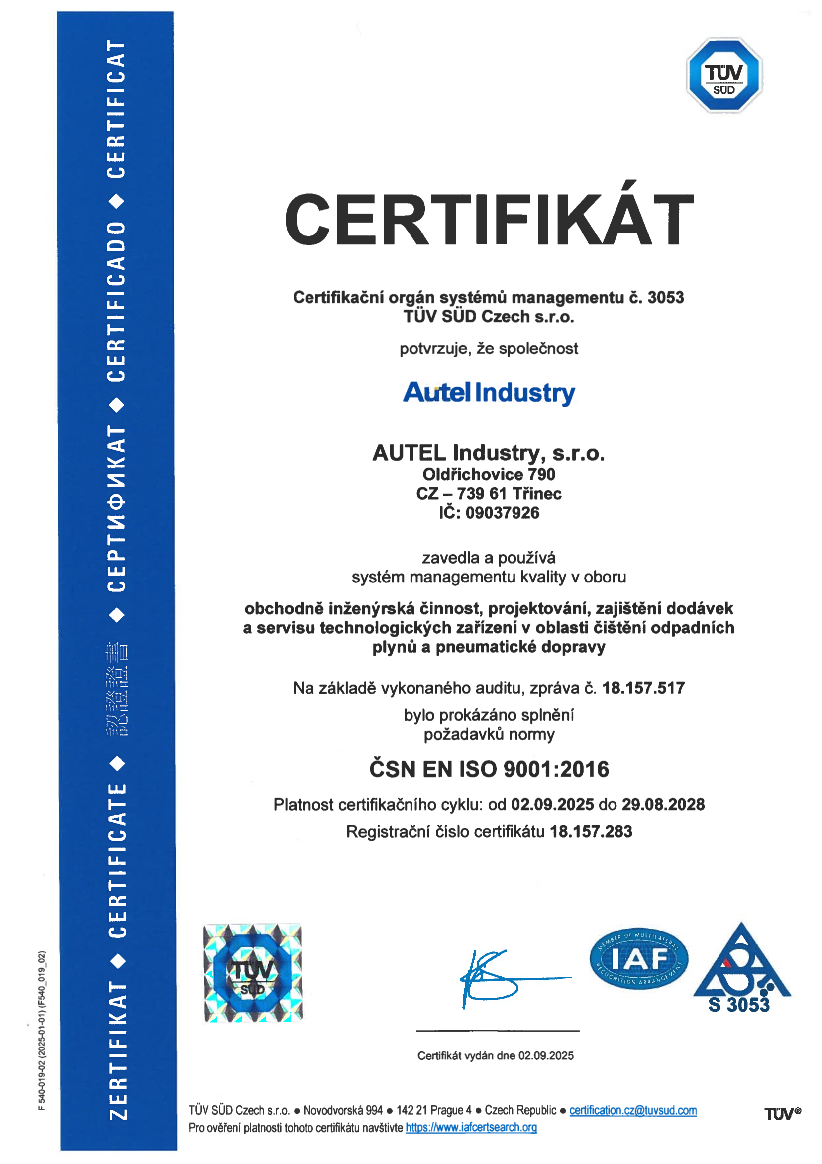 ISO 9001:2016 Certifikát